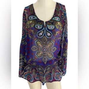 Bohemian silk blouse with cinch waist and beaded accents Size Medium